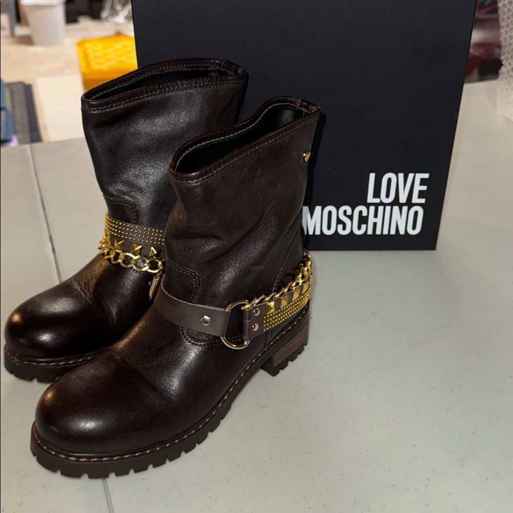 Moschino Brown Moto Boots with Gold Chains